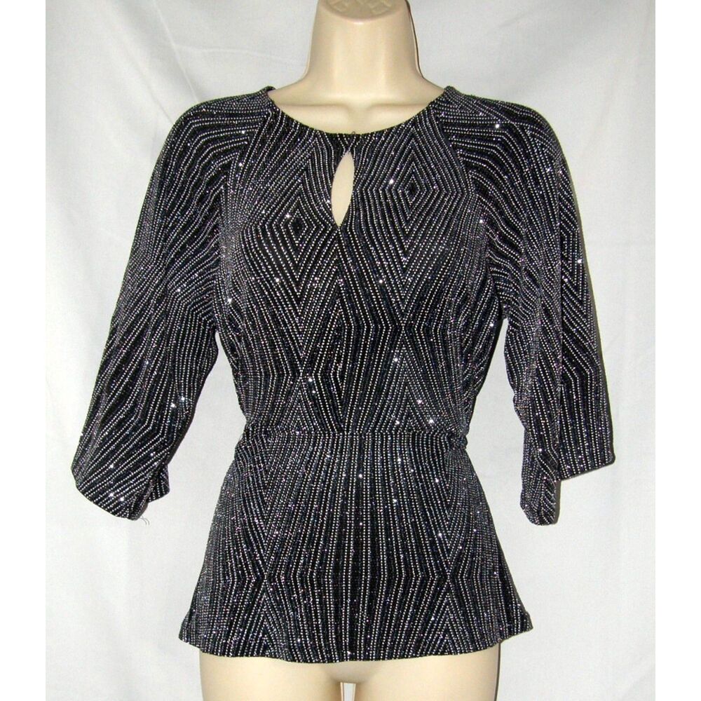NEW Sparkly Silver Black Sz XS Business Casual Stretchy Keyhole Shirt ANNE KLEIN